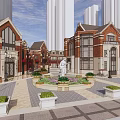 Vibrant Commercial Street Featuring Tall Modern Buildings Traditional Architecture And Central Plaza Fountain