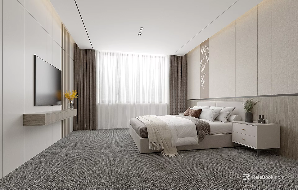 Modern Minimalist Bedroom Interior With Large Bed TV Curtains And Gray Carpet 3d model 