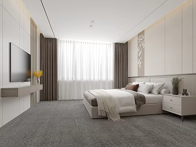 Modern Minimalist Bedroom Interior With Large Bed TV Curtains And Gray Carpet 3d model