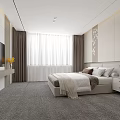 Modern Minimalist Bedroom Interior With Large Bed TV Curtains And Gray Carpet