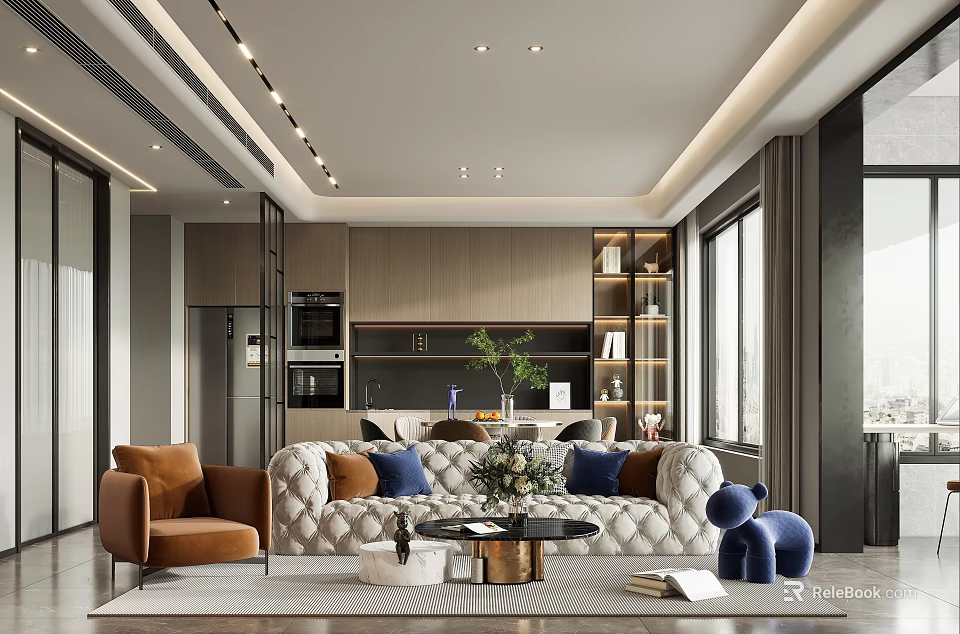 Modern Luxury Open Plan Living And Dining Room Interior With Plush Sofa And Stylish Cabinets 3d model 
