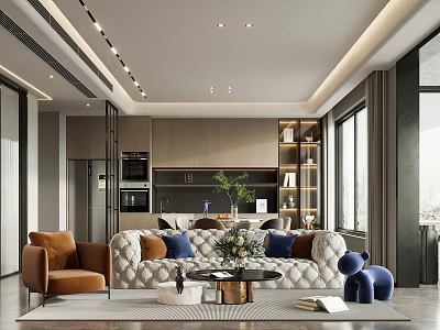 Modern Luxury Open Plan Living And Dining Room Interior With Plush Sofa And Stylish Cabinets 3d model