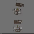 Modern Dining Room Interior Wooden Dining Table Set With Simple Chairs And Decorative Items 3d model