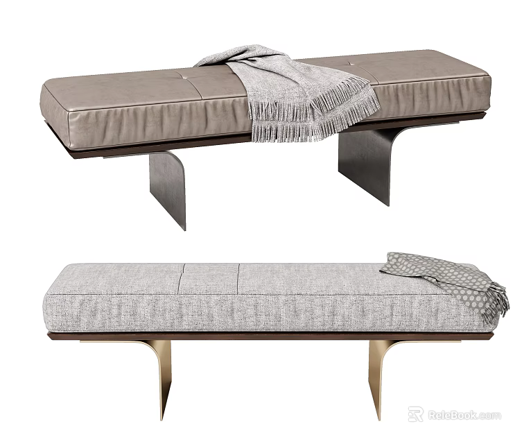 Modern Sofa Bench with Light Brown Leather Gray Fabric Upholstery Metal Legs and Throw Blanket 3d model 