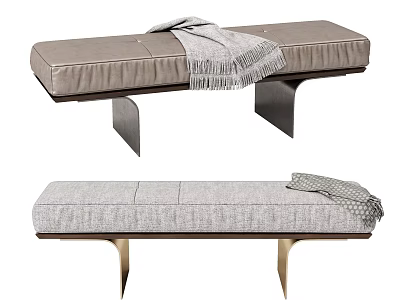 Modern Sofa Bench with Light Brown Leather Gray Fabric Upholstery Metal Legs and Throw Blanket 3d model