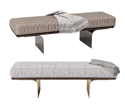 Modern Sofa Bench with Light Brown Leather Gray Fabric Upholstery Metal Legs and Throw Blanket 3d model