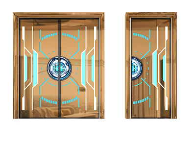 Futuristic Wooden Doors With Blue Glowing Lines And Circular Emblem Design 3d model