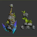 Wooden And Stone Decorative Sculptures With Vines Green Plants And Blue Crystals