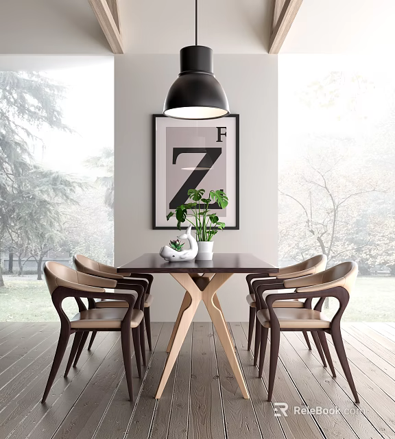 Modern Wooden Dining Table Set With Four Chairs Green Plant And Wall Art 3d model 