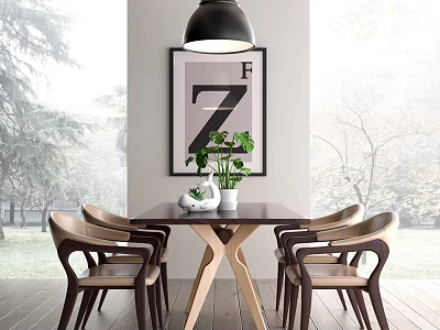 Modern Wooden Dining Table Set With Four Chairs Green Plant And Wall Art 3d model