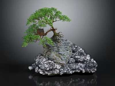 Bonsai Plant with Green Leaves on Rock Base and Small House Decoration 3d model