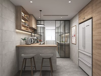 Modern Kitchen Interior With Wooden Cabinets Island Counter And White Refrigerator 3d model