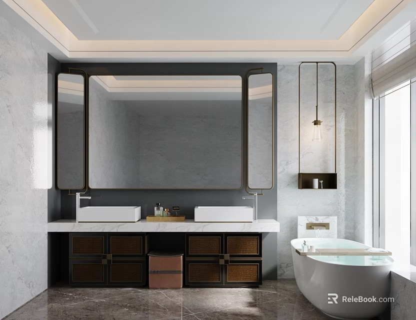 Modern Hotel Bathroom Interior With Double Sinks Large Mirror And Bathtub 3d model 