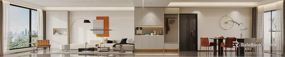 Modern Living And Dining Room Interior With Lighted Cabinets Sofa And Decorative Items 3d model