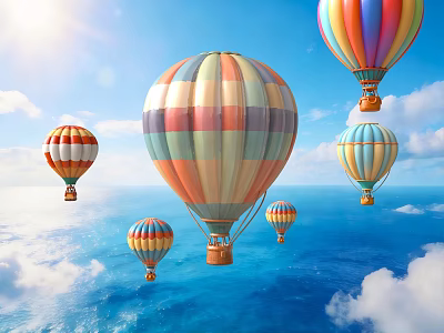 Colorful Hot Air Balloons Flying Over Blue Sky White Clouds And Ocean 3d model