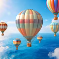 Colorful Hot Air Balloons Flying Over Blue Sky White Clouds And Ocean