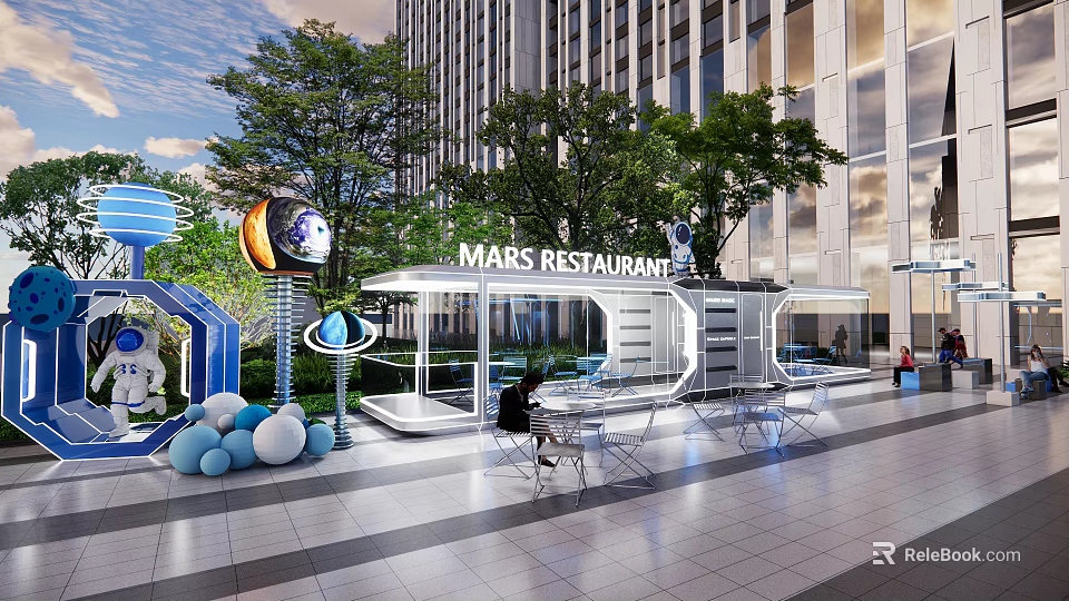 Park Landscape with Trees Outdoor Seating Mars Restaurant Astronaut Figure and Planet Decorations 3d model 