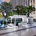 Park Landscape with Trees Outdoor Seating Mars Restaurant Astronaut Figure and Planet Decorations