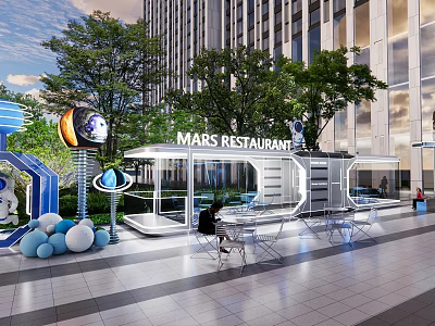 Park Landscape with Trees Outdoor Seating Mars Restaurant Astronaut Figure and Planet Decorations 3d model
