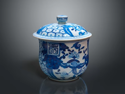Blue And White Porcelain Lidded Jar With Traditional Floral Patterns For Daily Use 3d model
