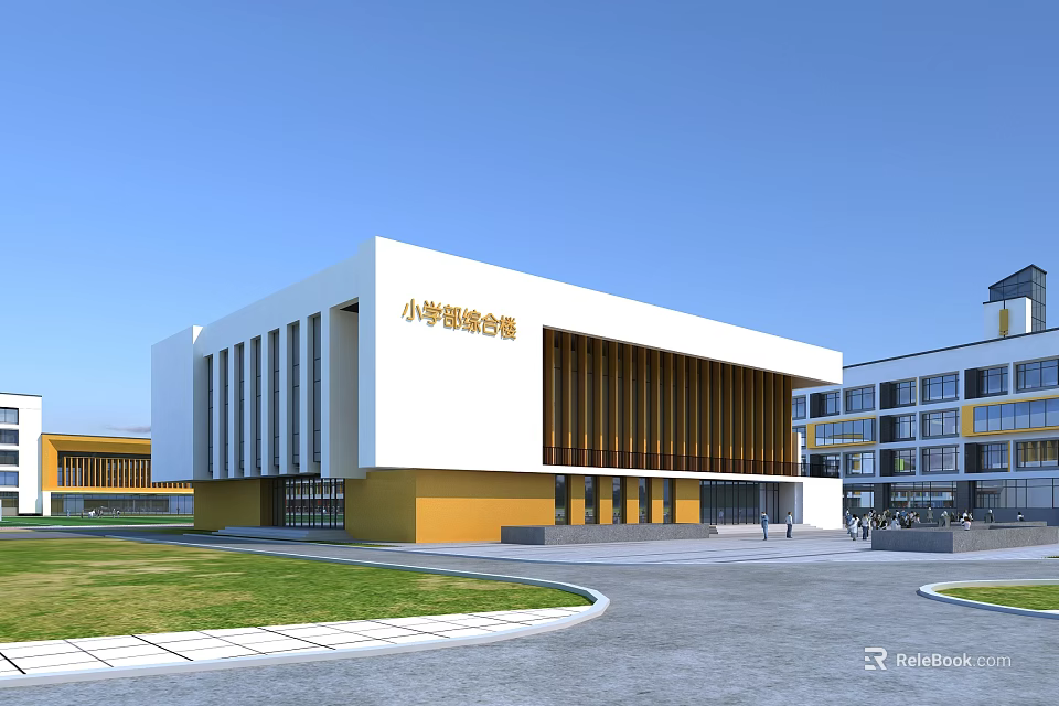 Primary School Building Modern White And Yellow Exterior With Large Windows Lawn And Campus Road 3d model 