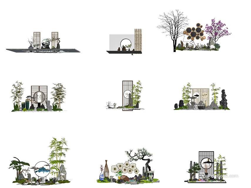 Chinese Style Commercial Landscape Design With Rock Formations Bamboo And Circular Gate Elements 3d model