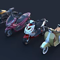 Various Style Motorcycles Including Gold Retro Scooter Red Sports Bike And White Classic Model