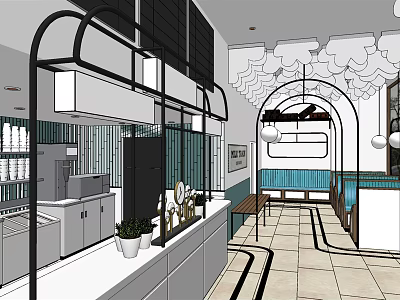 Modern Café Interior Design With Counter Seating Area And Decorative Ceiling Lights 3d model