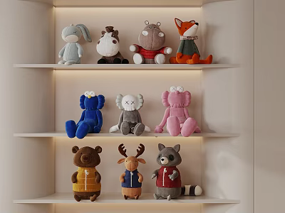 Colorful Plush Stuffed Animals With Various Designs Displayed On Lighted Layered Shelves 3d model