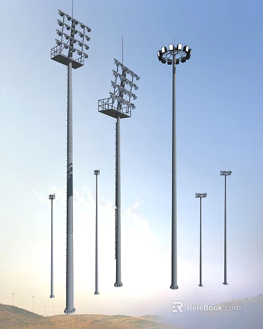 Outdoor Lights on Tall Poles Providing Bright Illumination in Open Outdoor Area 3d model 