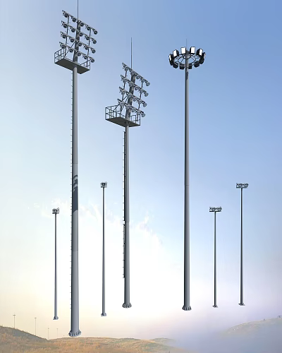 Outdoor Lights on Tall Poles Providing Bright Illumination in Open Outdoor Area 3d model