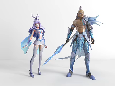 Game and Movie Fantasy Characters with Purple Hair Blue Armor Elegant Outfits and Spear 3d model