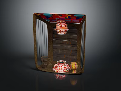 Wooden Display Shelf With Colorful Top Decorative Ceramic Jars And Small Yellow Decor 3d model