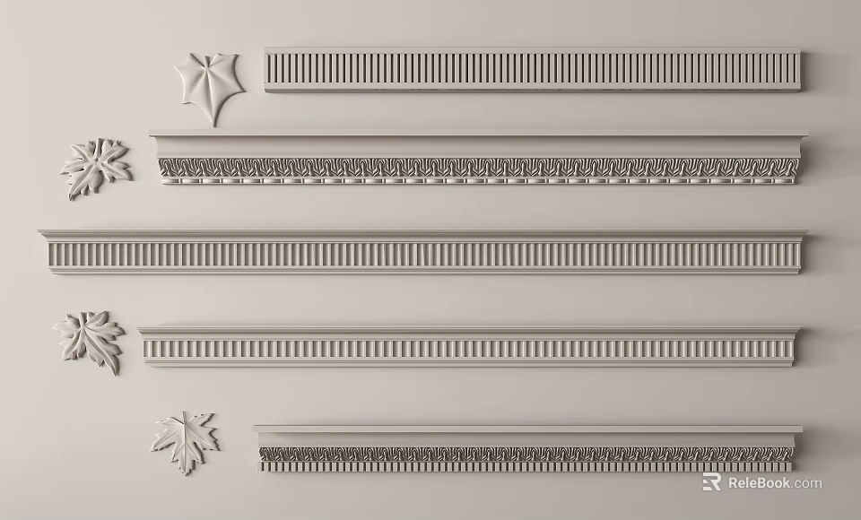Assorted Gypsum Cornice Designs Featuring Ornamental Patterns and Leaf Details 3d model 