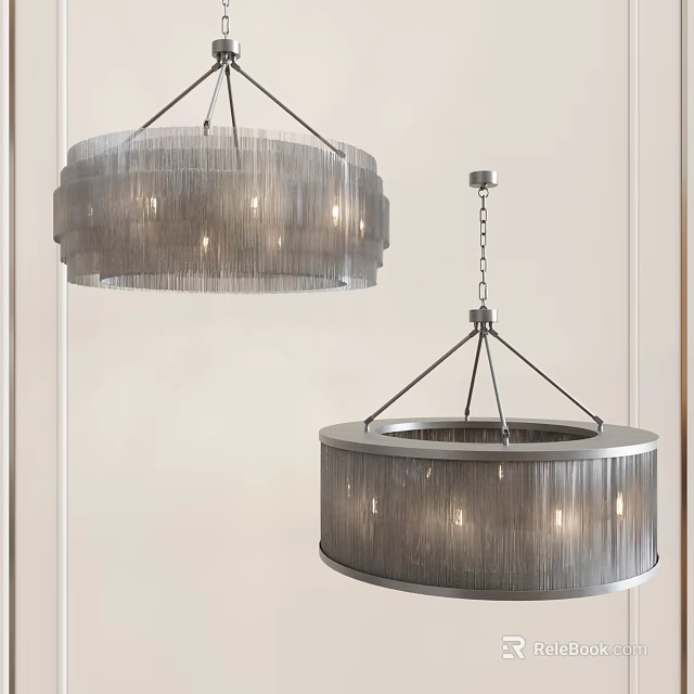 Elegant Modern Circular Chandeliers With Metal Frame And Fringed Illuminated Shades 3d model 
