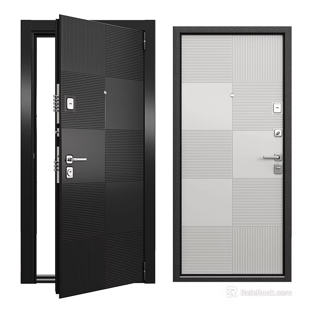 Modern Black And White Hinged Door With Panel Design Textured Surface And Door Lock 3d model
