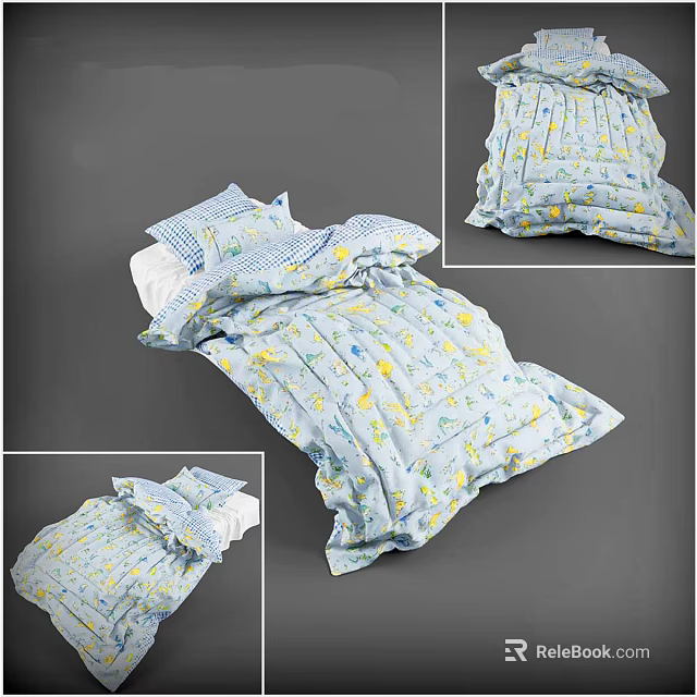 Kids Bed With Light Blue Bedding Featuring Yellow Small Patterns And Matching Pillow 3d model 