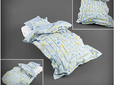 Kids Bed With Light Blue Bedding Featuring Yellow Small Patterns And Matching Pillow 3d model