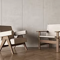 Modern Minimalist Leisure Chairs With Wooden Frame And Beige Fabric Cushions Against Light Wall