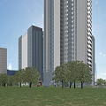School Building Tall With Many Windows Under Blue Sky And White Clouds Near Other Buildings