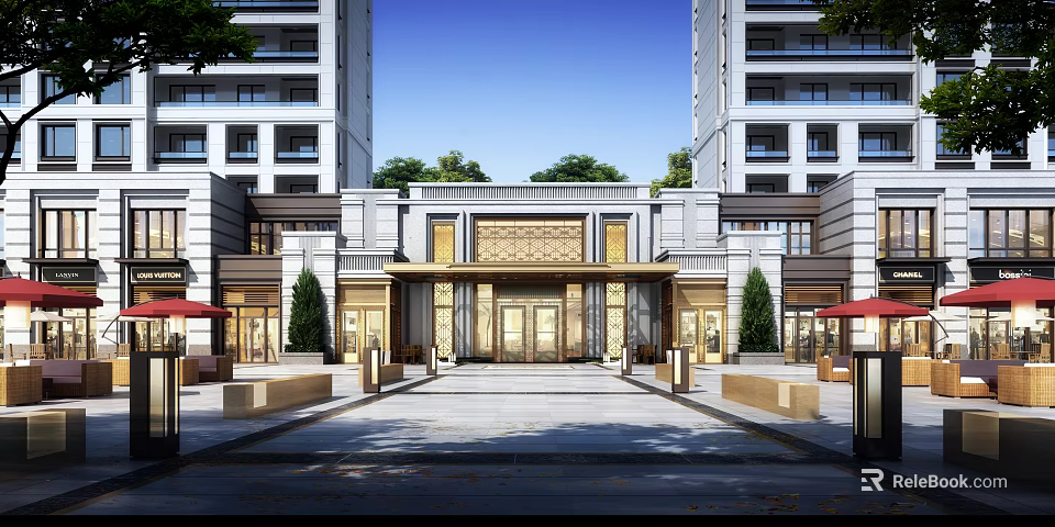 Modern Commercial Street Entrance With Tall Buildings Green Plants And Stone Pavement 3d model 