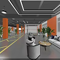Modern Indoor Lounge Space With Gray Sofas Round Coffee Tables Green Plants And Orange Pillars