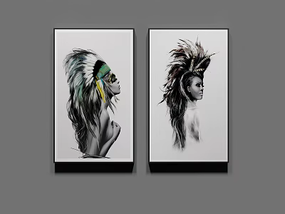 Two Piece Portrait Paintings With Feather Headdress And Mohawk Hair Profile View Black Framed 3d model