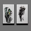 Two Piece Portrait Paintings With Feather Headdress And Mohawk Hair Profile View Black Framed