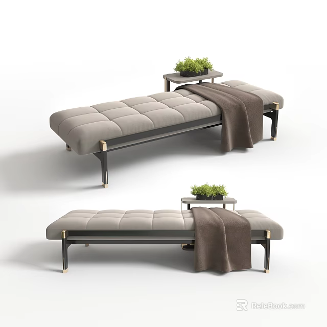 Light Gray Upholstered Ottoman with Metal Legs Throw Blanket and Side Table Green Plant 3d model 