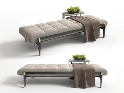 Light Gray Upholstered Ottoman with Metal Legs Throw Blanket and Side Table Green Plant 3d model