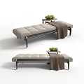 Light Gray Upholstered Ottoman with Metal Legs Throw Blanket and Side Table Green Plant