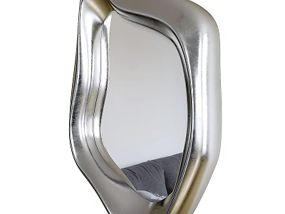 Unique Shaped Silver Metal Mirror With Modern Curved Frame Reflecting Living Room Sofa 3d model