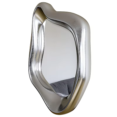 Unique Shaped Silver Metal Mirror With Modern Curved Frame Reflecting Living Room Sofa 3d model