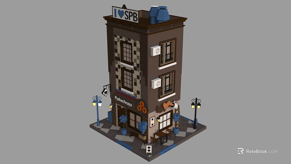 Charming Miniature Store Building With Pancakes Sign Tables Chairs And Street Lamps 3d model 